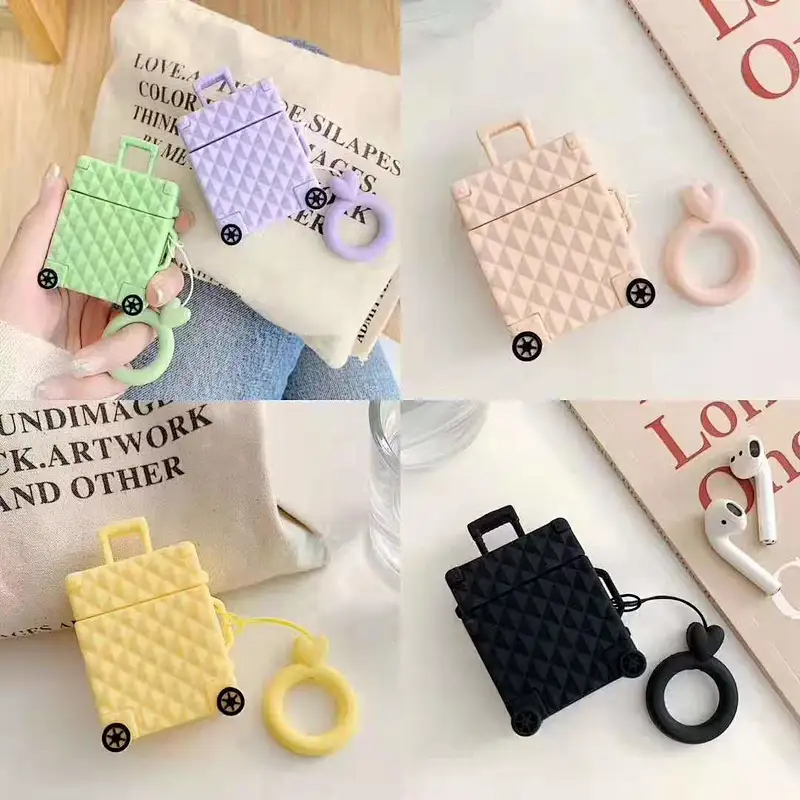 For AirPods Case Silicone Cute Suitcase Trunk Luggage Case For Airpods 2 Earphone Protective Cover with Finger Ring
